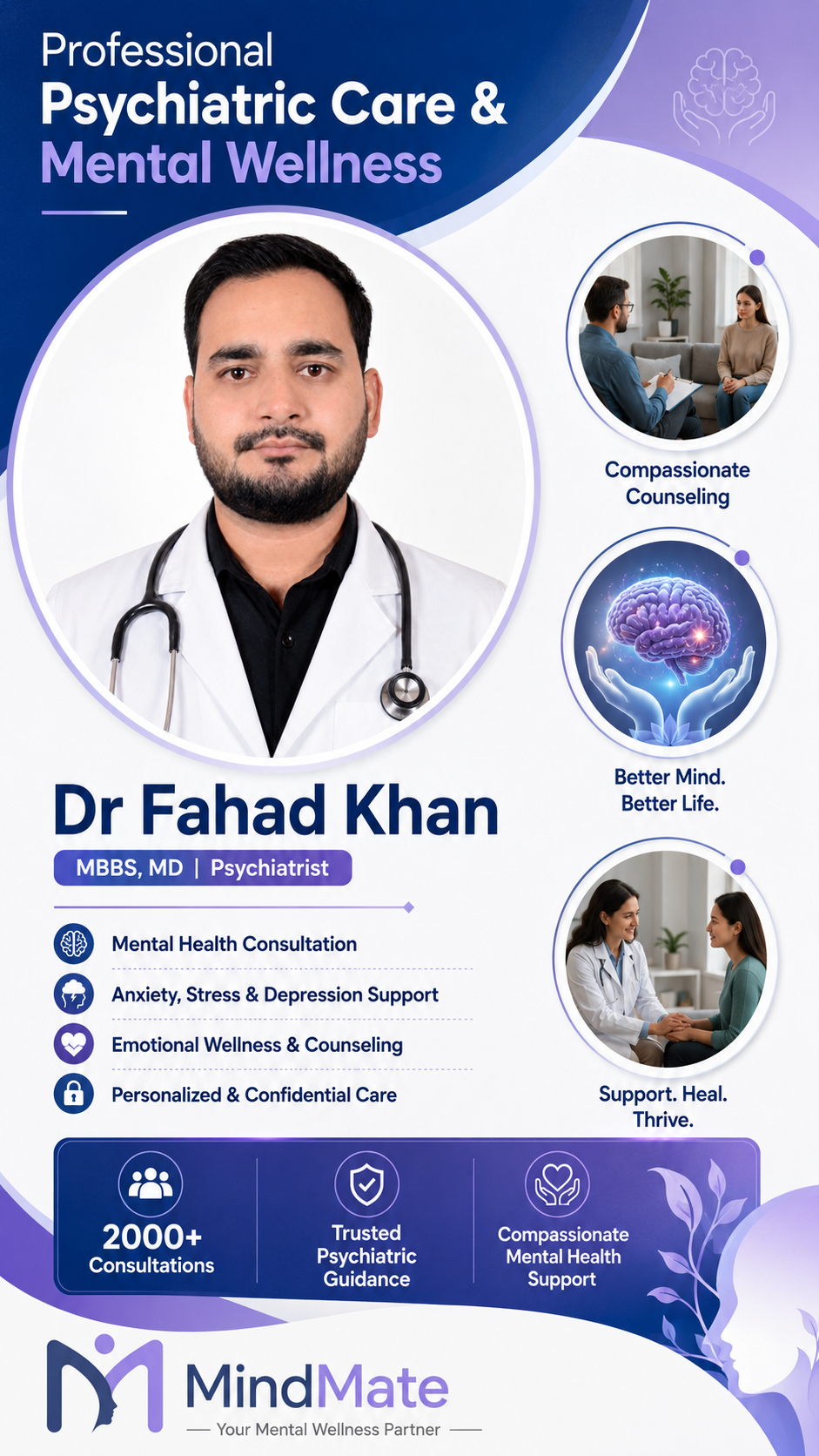 MindMate doctor profile and appointment app screen